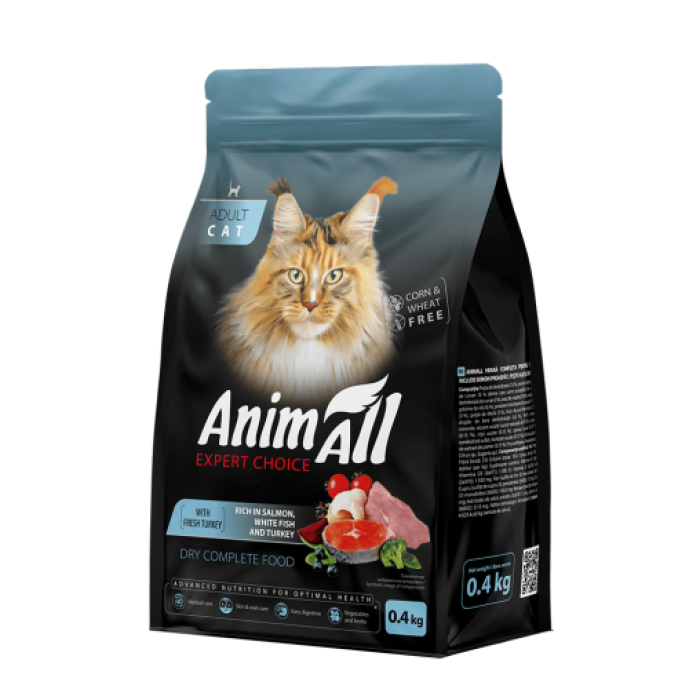 AnimAll сухий корм для дорослих котів з лососем, білою рибою та свіжою індичкою 0,4 кг