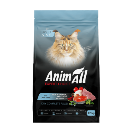AnimAll сухой корм для взрослых кошек с лососем, белой рыбой и свежей индейкой 12 кг