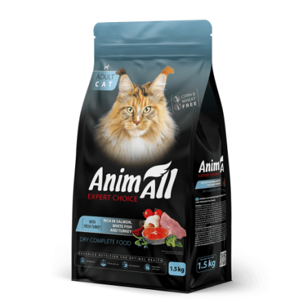 AnimAll сухой корм для взрослых кошек с лососем, белой рыбой и свежей индейкой 1,5 кг