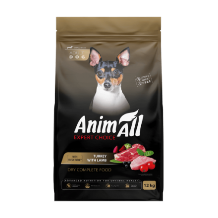 AnimAll сухой корм для взрослых собак малых пород со свежей индейкой и ягненком 12 кг