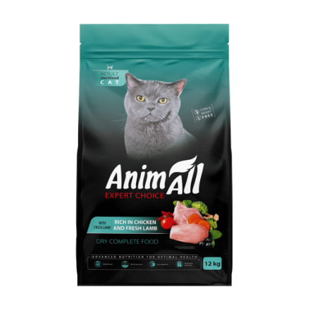 AnimAll сухой корм для стерилизованных кошек с курицей и свежим ягненком 12 кг