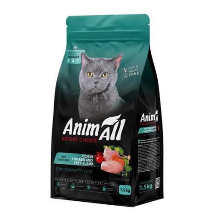 AnimAll сухой корм для стерилизованных кошек с курицей и свежим ягненком 1,5 кг