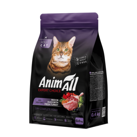 AnimAll сухой корм для взрослых кошек со свежей индейкой и уткой 0,4 кг