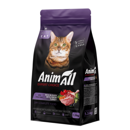 AnimAll сухой корм для взрослых кошек со свежей индейкой и уткой 1,5 кг