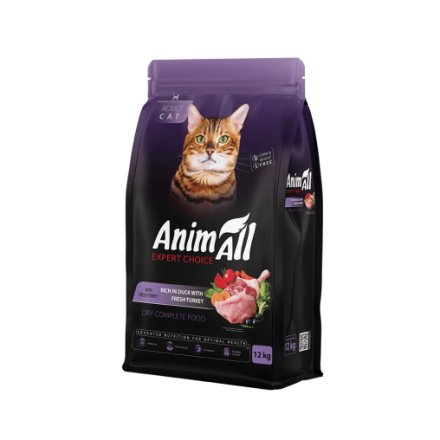 AnimAll сухой корм для взрослых кошек со свежей индейкой и уткой 12 кг