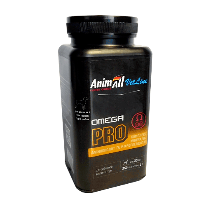 AnimAll VetLine Omega PRO вітаміни для профілактики нестачі вітамінів у собак великих порід (2 г × 250 табл.)