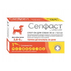Unicum Селфаст краплі на холку від бліх, кліщів та гельмінтів для собак 2,6-5 кг (селамектин)