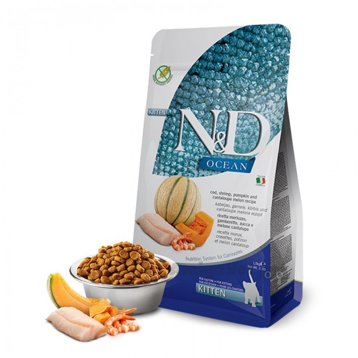 Farmina N&D Grain Free Ocean Kitten Cod, Shrimp, Pumpkin & Melon сухий корм для кошенят з тріскою та динею 1,5 кг