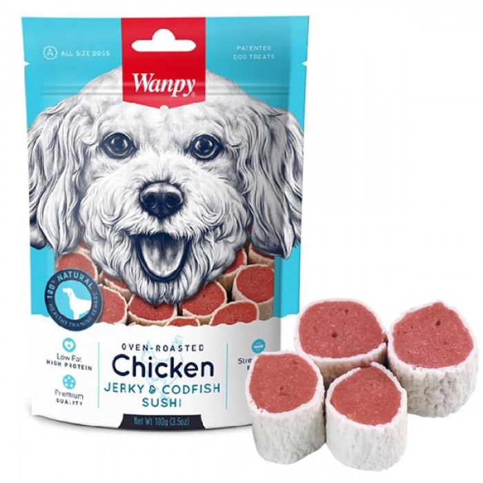 Wanpy Chicken Jerky & Codfish Sushi лакомство для собак с курицей и треской 100 г