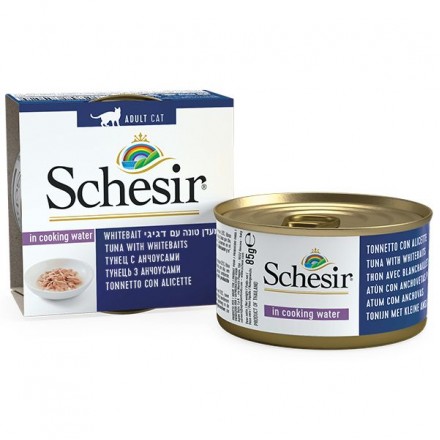 Schesir Tuna with Whitebaits влажный корм для взрослых котов с с тунцом, анчоусами и рисом в соусе 85 г
