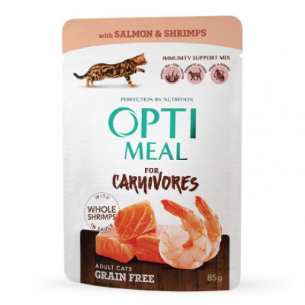 Optimeal Adult Cats Grain Free влажный корм с лососем и креветками в соусе 85 г