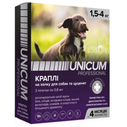 Unicum PRO капли от блох, вшей, власоедов, комаров, москитов, иксодовых клещей для собак 1,5-4 кг.