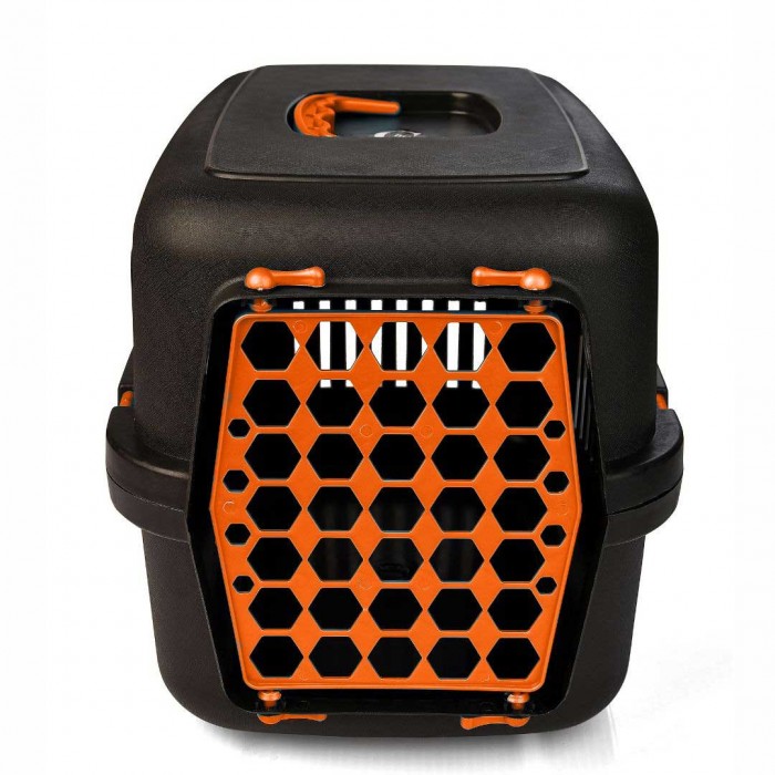 AGILITY Plast пластиковая переноска для кошек и собак до 12 кг (черно-оранжевая) 35х49х32,5 см