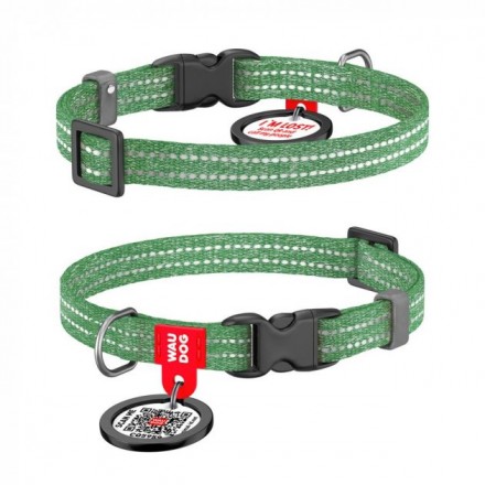 Collar WAUDOG Re-cotton светоотражающий ошейник с QR паспортом  для котов и собак (зеленый) XS