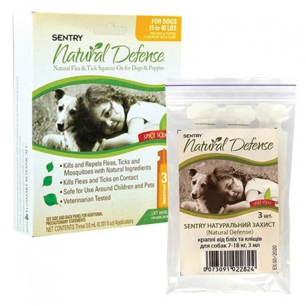 Sentry Natural Defense капли от блох и клещей для собак весом 7-18 кг (по 3 мл)