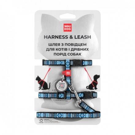 Collar WAUDOG Nylon шлея "Етно синій" з повідцем та QR паспортом для котів та собак XS