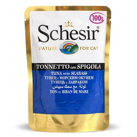 Schesir Tuna Seabass вологий корм для дорослих котів з тунцем та морським окунем в желе 100 г