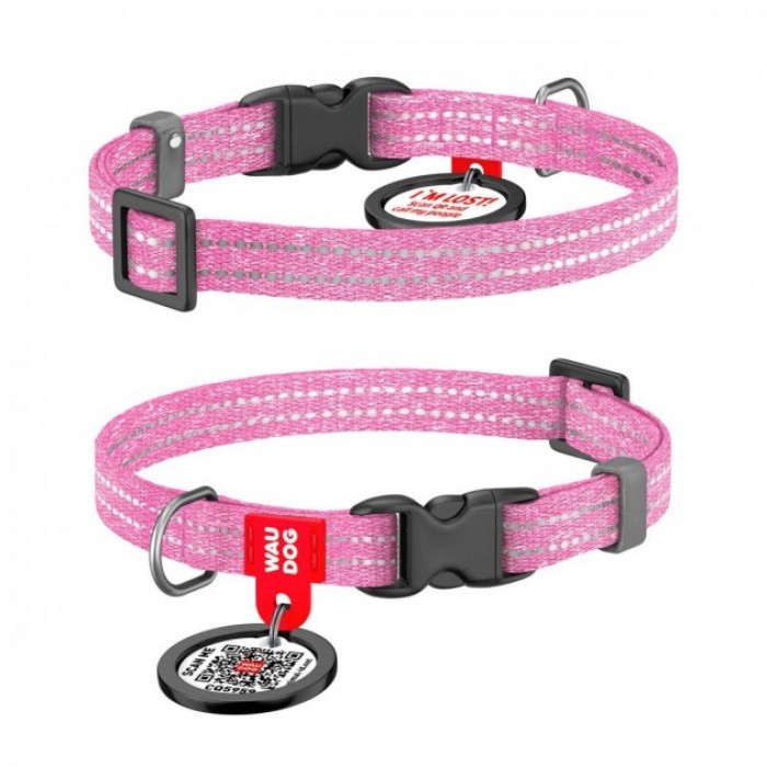 Collar WAUDOG Re-cotton светоотражающий ошейник с QR паспортом для котов и собак (розовый) XS