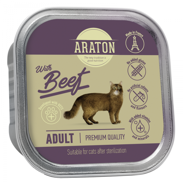 Araton Adult cat with beef влажный корм для взрослых стерилизованных котов с говядиной 85г