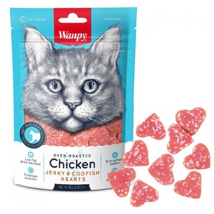 Wanpy Chicken Jerky & Codfish Hearts лакомство для котов сердечки с курицей и треской 80 г