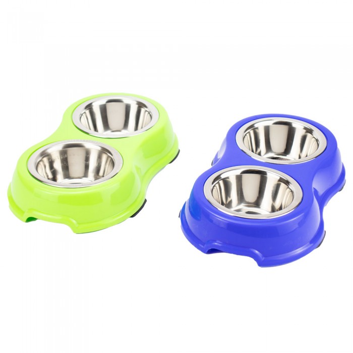 AGILITY ECO подвійна металева миска на підставці для собак малих порід і котів (зелена/синя) 2x200 мл