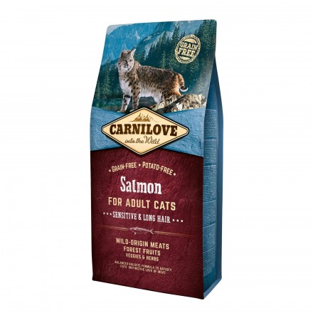 Carnilove Cat Sensitive and Long Hair с лососем для кошек с чувствительным пищеварением 6 kg