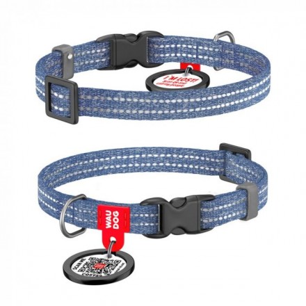 Collar WAUDOG Re-cotton светоотражающий ошейник с QR паспортом для котов и собак (синий) XS