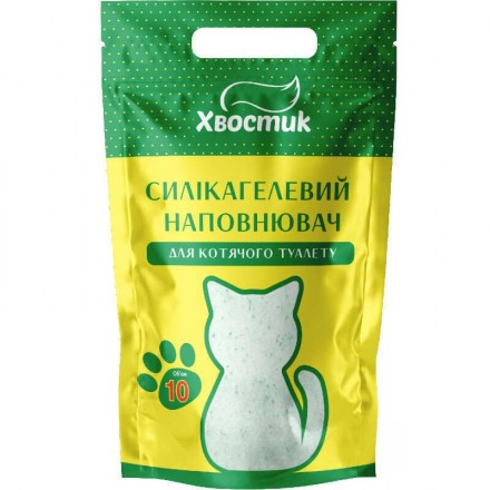 Хвостик силикагелевый наполнитель для кошек с зелеными гранулами мелкая фракция без аромата 10 л