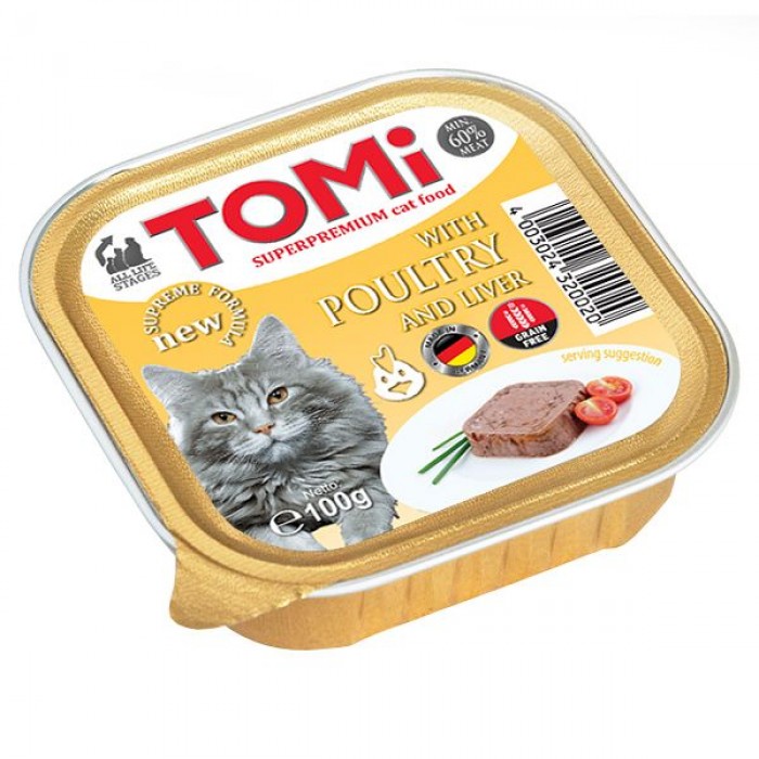 TOMI POULTRY LIVER паштет для котов с птицей и печенью 100г*32шт