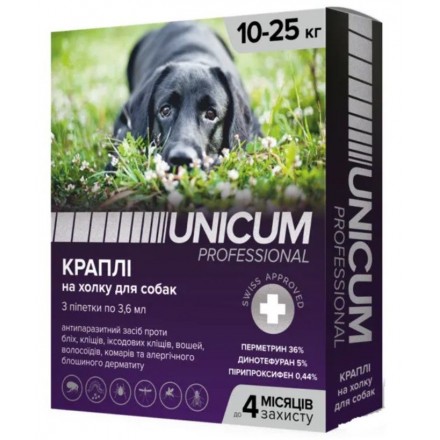 Unicum PRO капли от блох, вшей, власоедов, комаров, москитов, иксодовых клещей для собак 10-25 кг.