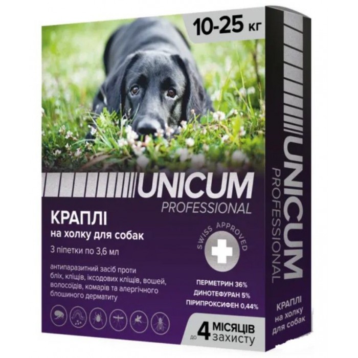 Unicum PRO краплі від бліх, вошей, власоїдів, комарів, москітів, іксодових кліщів для собак 10-25 кг.