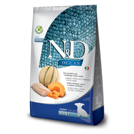 Farmina N&D Grain Free Ocean Cod PUPPY MINI сухой корм для щенков, беременных и кормящих собак с треской и дыней 7 кг