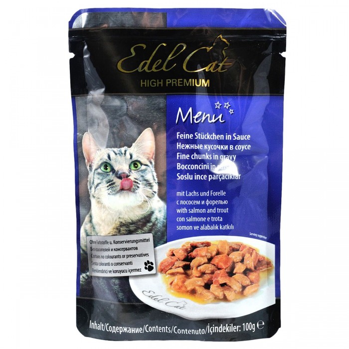 Edel Cat Кусочки с лососем и форелью в соусе для кошек, пауч 100g