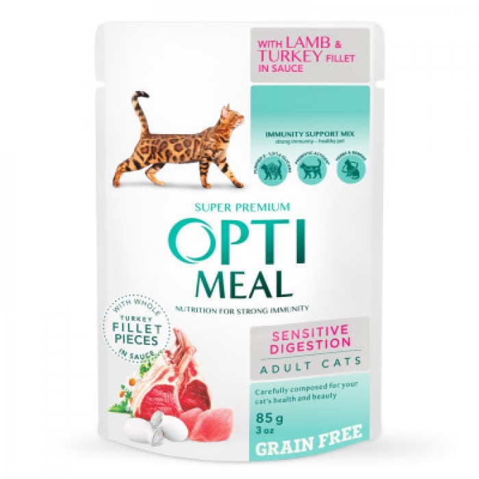 Optimeal Adult Cats Sensitive Digestion влажный корм с ягненком и индейкой 85 г
