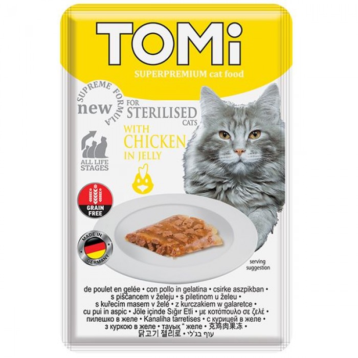 TOMI STERILISED CHICKEN IN JELLY влажный корм для стерилизованных котов с курицей в желе 85г*22шт