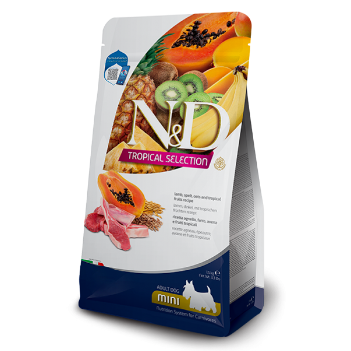 Farmina N&D Tropical Selection Dog Adult Mini Lamb, Spelt, Oats & Fruits для малых пород с ягненком, спельтой, овсом и тропическими фруктами 5 кг